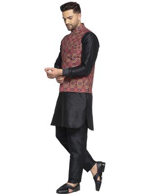 black solid dupion kurta pyjama set with printed nehru jacket - 17521561 - Standard Image - 2