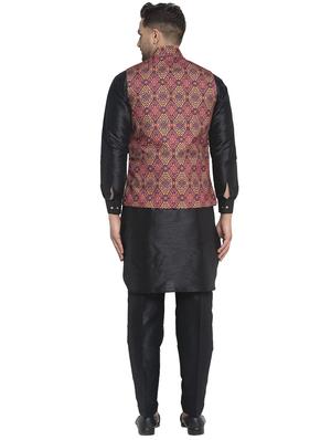 black solid dupion kurta pyjama set with printed nehru jacket - 17521561 - Standard Image - 3