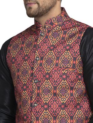 black solid dupion kurta pyjama set with printed nehru jacket - 17521561 - Standard Image - 4