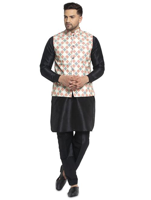 black solid dupion kurta pyjama set with printed nehru jacket - 17521566 - Standard Image - 1