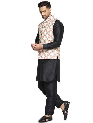 black solid dupion kurta pyjama set with printed nehru jacket - 17521566 - Standard Image - 2