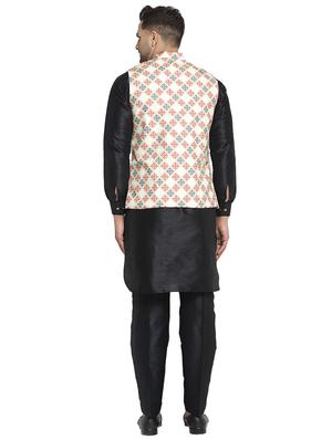 black solid dupion kurta pyjama set with printed nehru jacket - 17521566 - Standard Image - 3