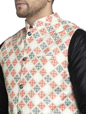 black solid dupion kurta pyjama set with printed nehru jacket - 17521566 - Standard Image - 4