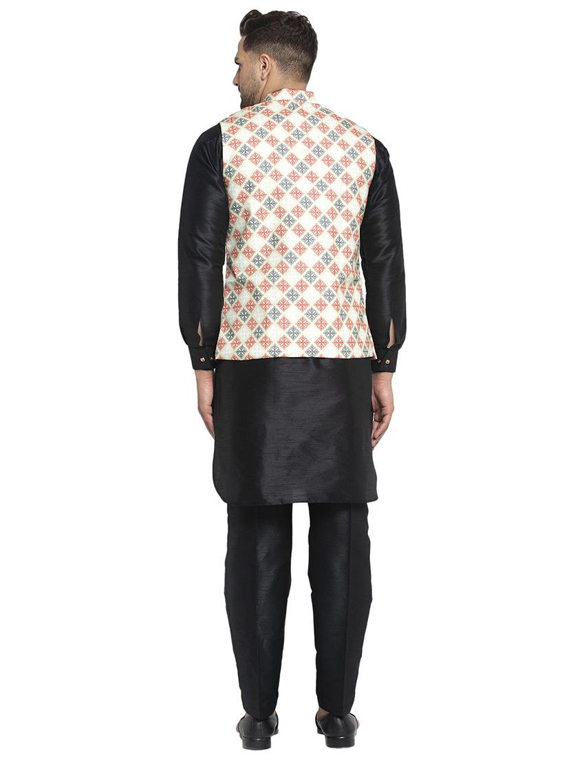 black solid dupion kurta pyjama set with printed nehru jacket - 17521566 - Zoom Image - 3