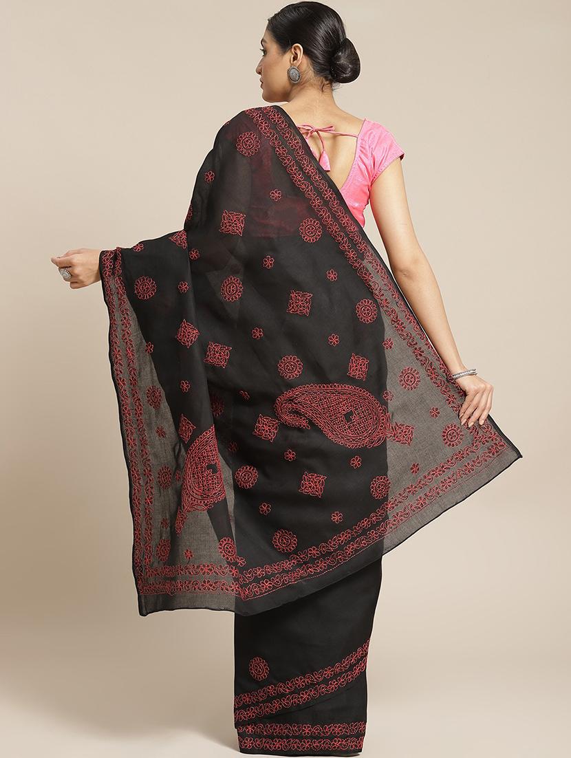 floral motifs chikankari saree with blouse - 17522313 - Zoom Image - 2