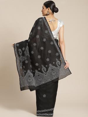 floral motifs chikankari saree with blouse - 17522318 - Standard Image - 2