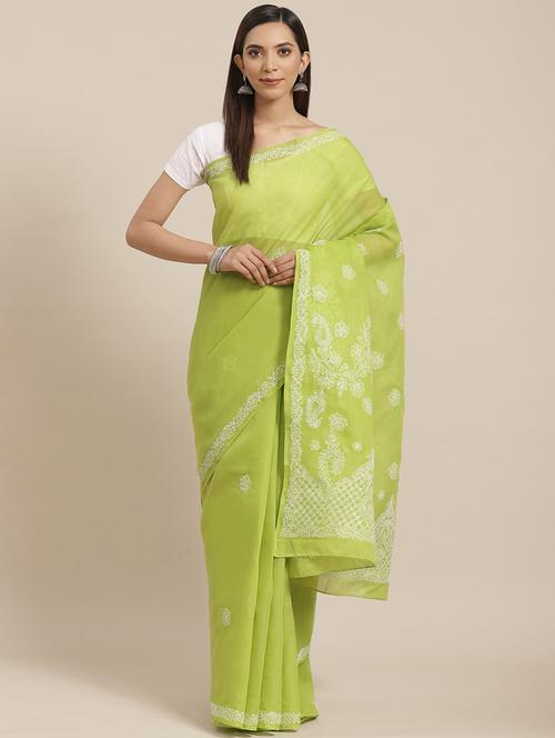 lime green chikankari saree with blouse - 17522322 - Standard Image - 1
