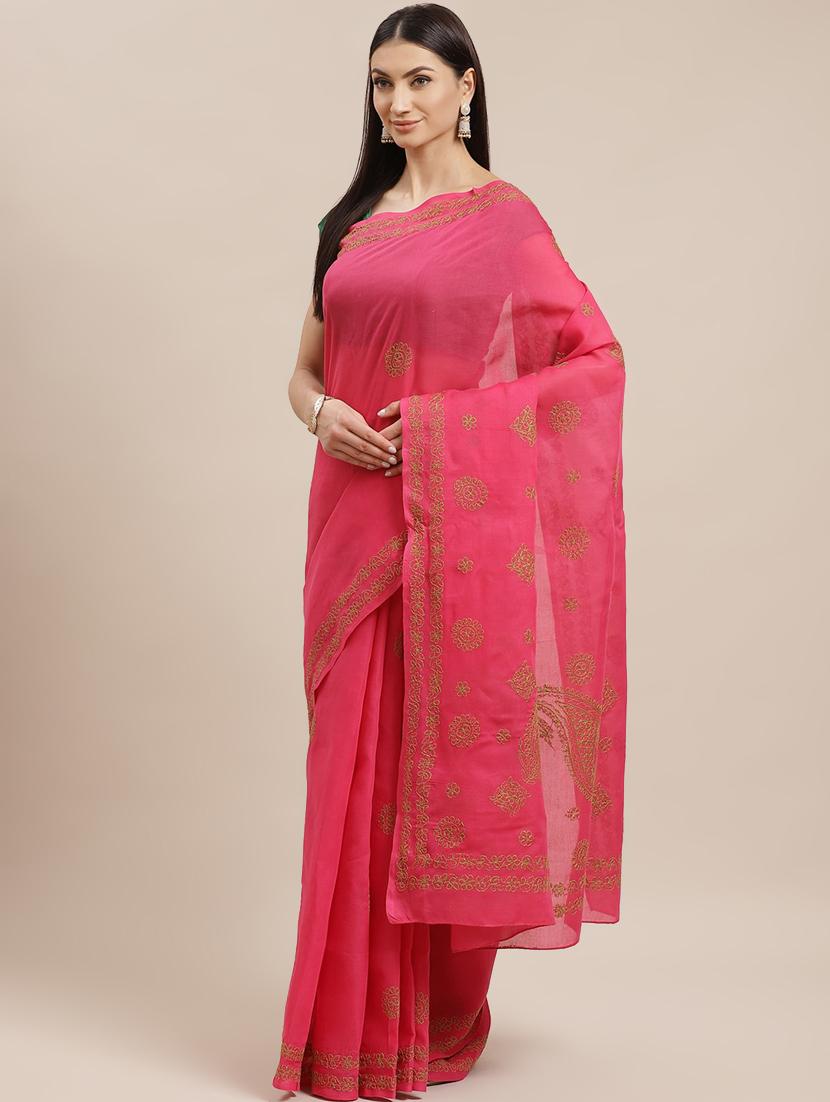 floral motifs chikankari saree with blouse - 17522327 - Zoom Image - 1