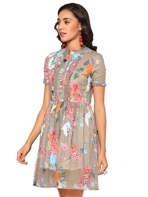 mandarin neck floral fit & flare dress - 17522689 - Standard Image - 2