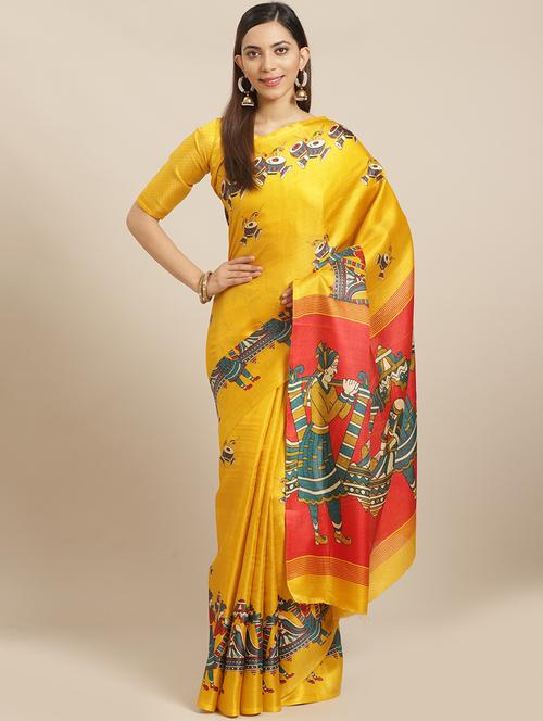 mustard silk printed saree with blouse - 17523764 - Standard Image - 1