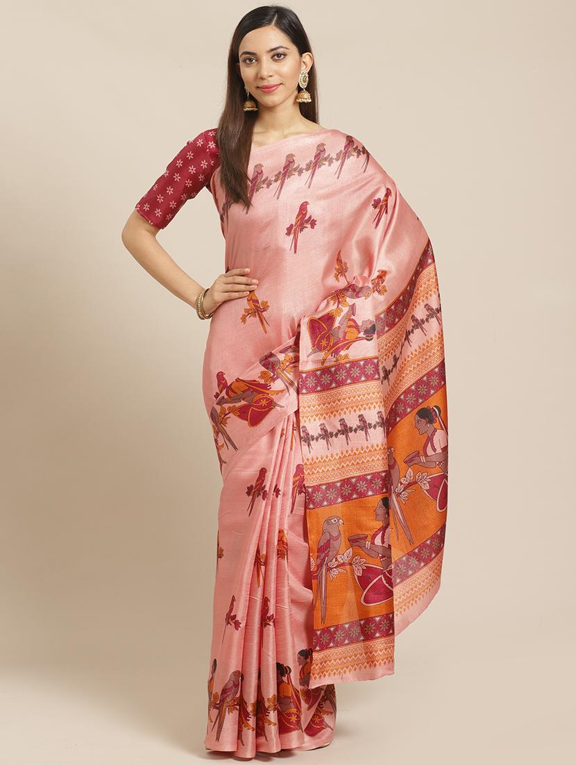 peach silk printed saree with blouse - 17523775 - Zoom Image - 1