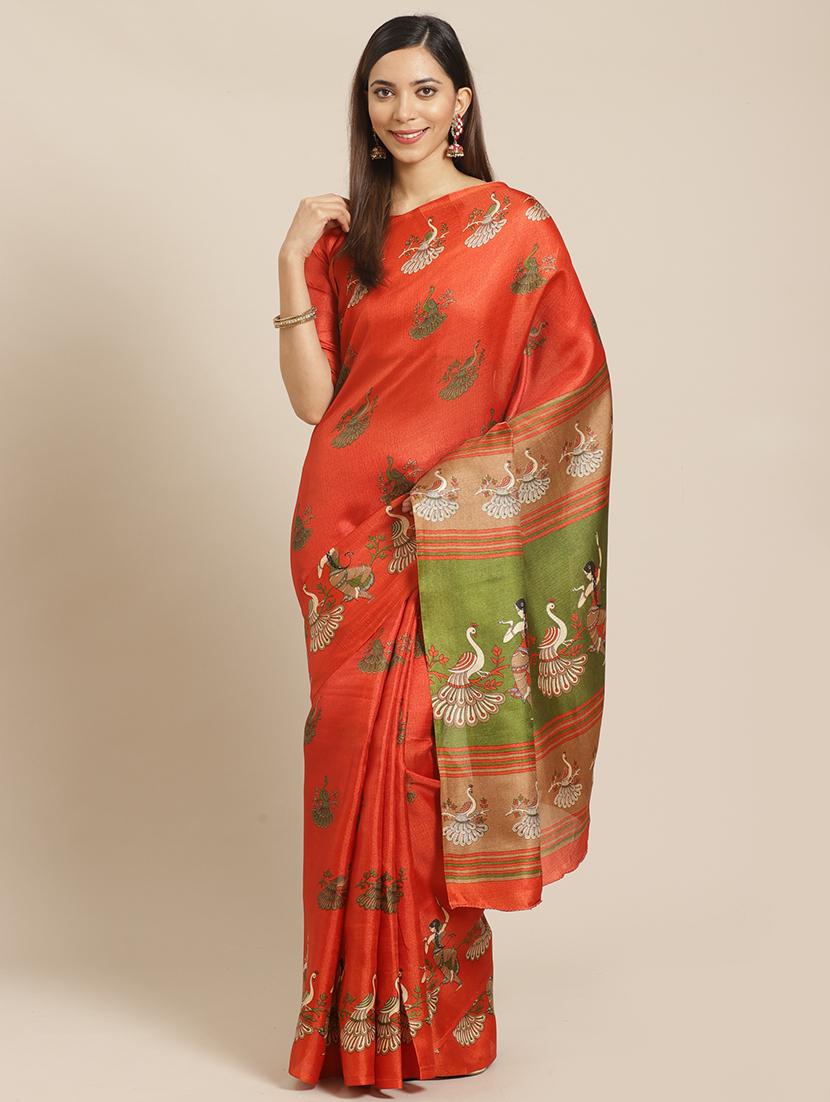 maroon silk printed saree with blouse - 17523779 - Zoom Image - 1