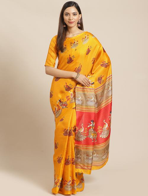mustard silk printed saree with blouse - 17523780 - Standard Image - 1