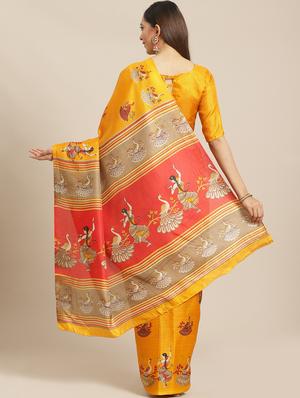 mustard silk printed saree with blouse - 17523780 - Standard Image - 2