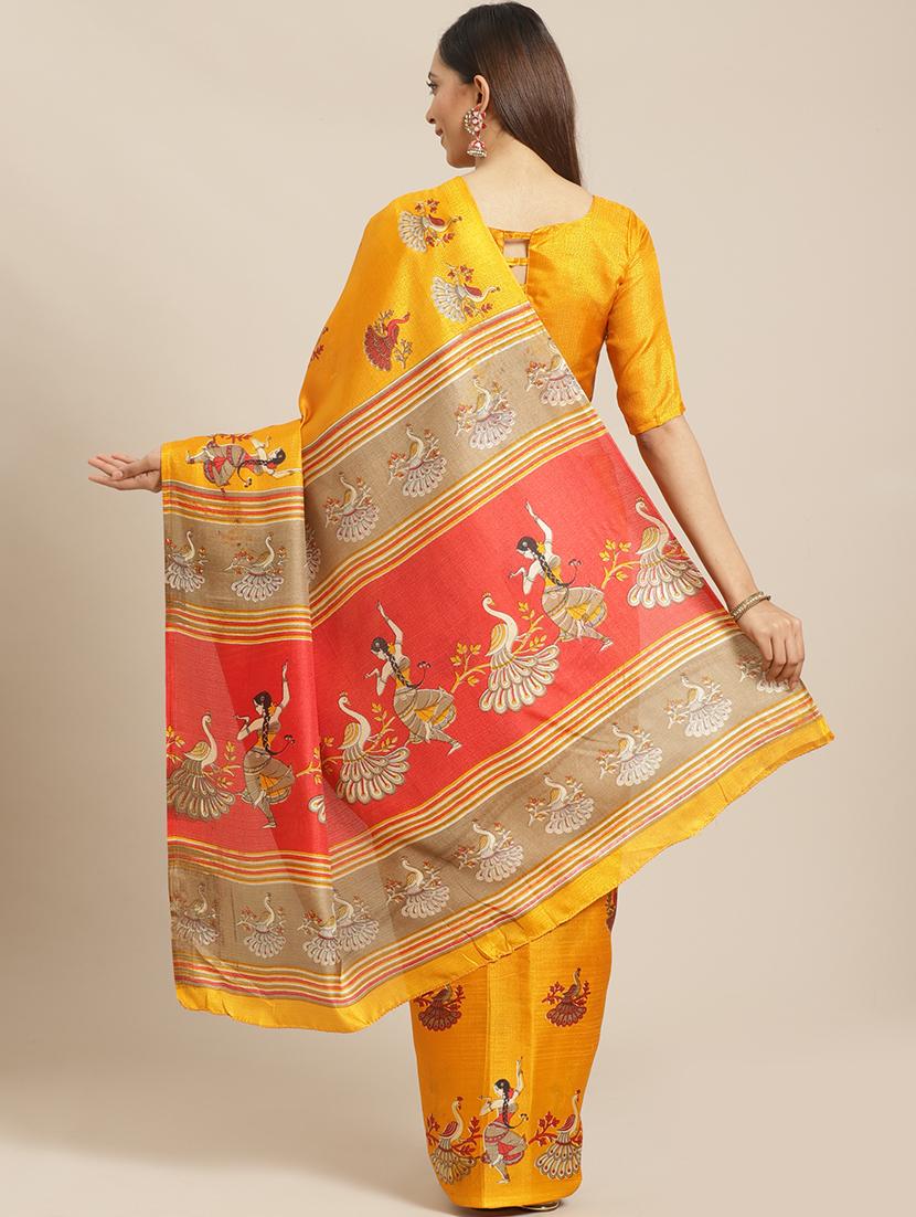 mustard silk printed saree with blouse - 17523780 - Zoom Image - 2
