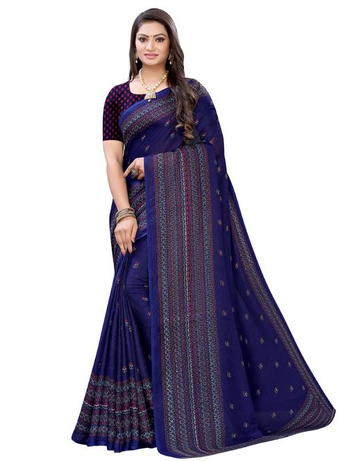 navy solid printed saree with blouse - 17523835 - Standard Image - 1