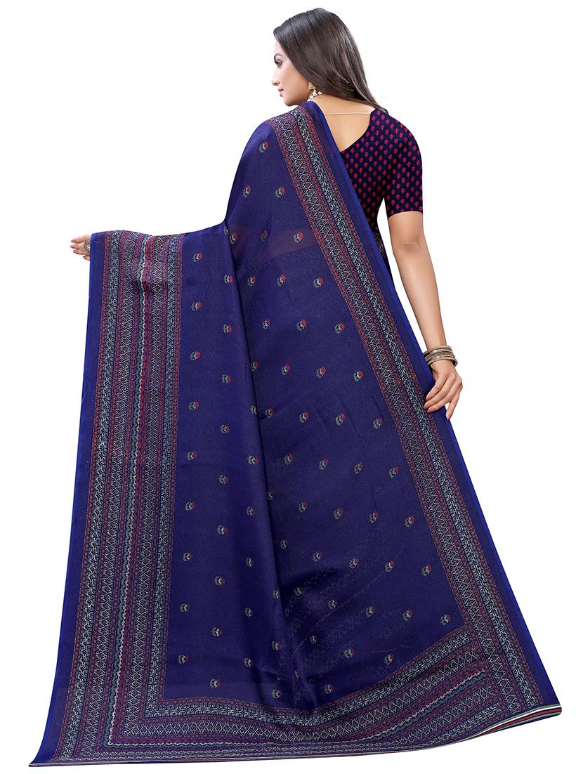 navy solid printed saree with blouse - 17523835 - Zoom Image - 2