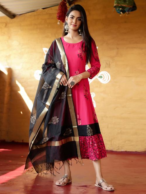 block print kurta dupatta set - 17524039 - Standard Image - 1