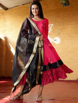 block print kurta dupatta set - 17524039 - Standard Image - 2