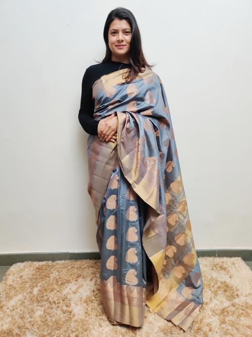 grey silk zari work saree - 17526998 - Standard Image - 1