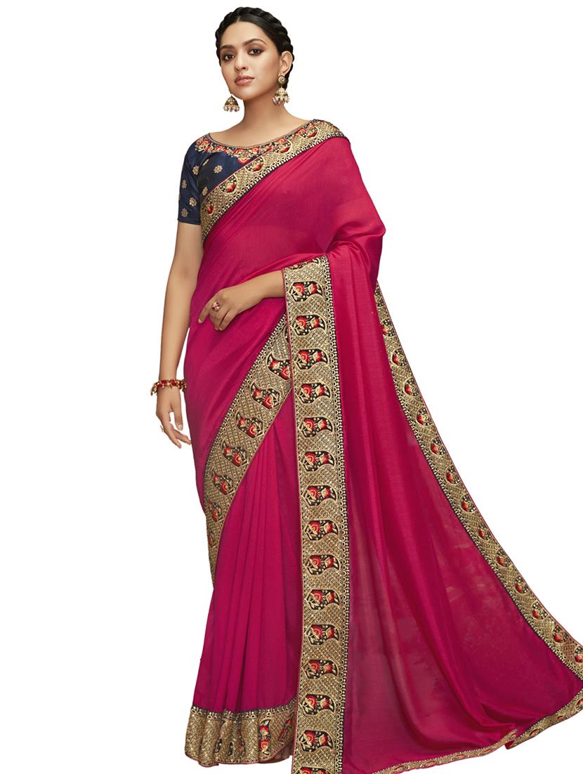 lace bordered plain saree with blouse - 17527893 - Zoom Image - 1