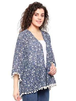 blue printed pom-pom detailed shrug - 17528418 - Standard Image - 2