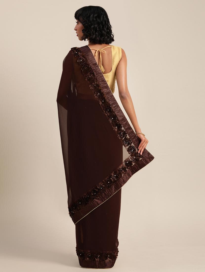 coffee brown solid saree with blouse - 17528593 - Zoom Image - 2