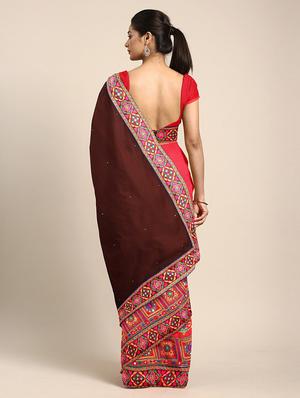 coffee brown solid saree with blouse - 17528633 - Standard Image - 2