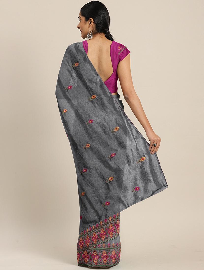 embroidered bordered saree with blouse - 17528647 - Zoom Image - 2