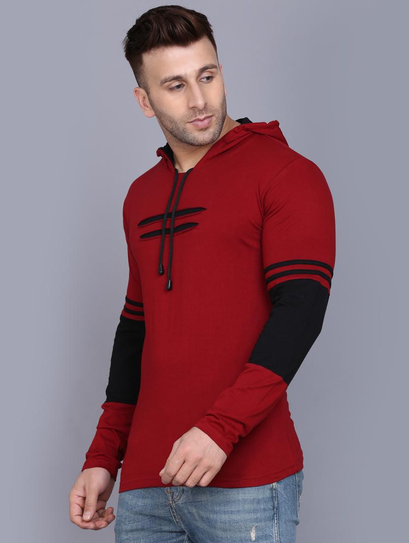 maroon color block cut & sew hooded t-shirt - 17531597 - Zoom Image - 2