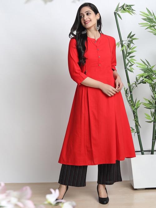red cotton blend kurta palazzo set - 17533621 - Standard Image - 1