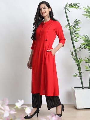 red cotton blend kurta palazzo set - 17533621 - Standard Image - 2