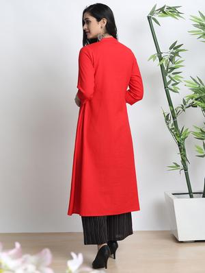 red cotton blend kurta palazzo set - 17533621 - Standard Image - 3