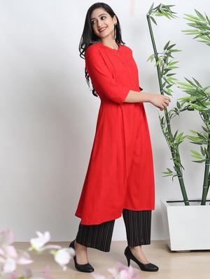 red cotton blend kurta palazzo set - 17533621 - Standard Image - 4