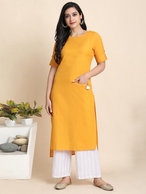 yellow cotton blend kurta palazzo set - 17533622 - Standard Image - 1
