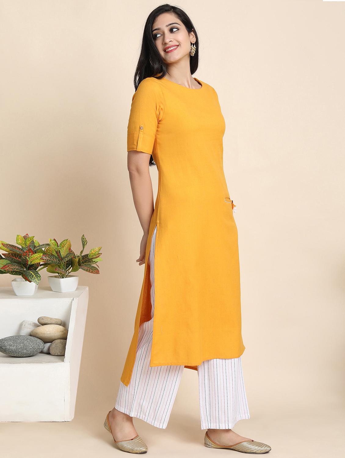 yellow cotton blend kurta palazzo set - 17533622 - Zoom Image - 2