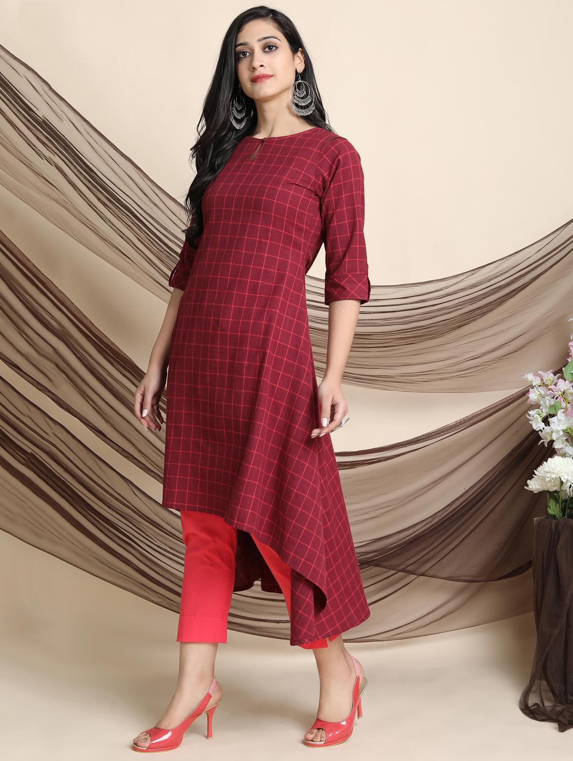 checkered high-low kurta - 17533717 - Zoom Image - 2