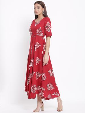 maroon rayon fit & flare dress - 17535994 - Standard Image - 2