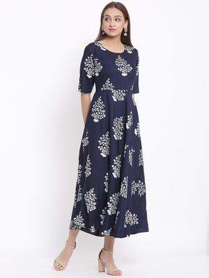 navy blue rayon fit & flare dress - 17535995 - Standard Image - 2