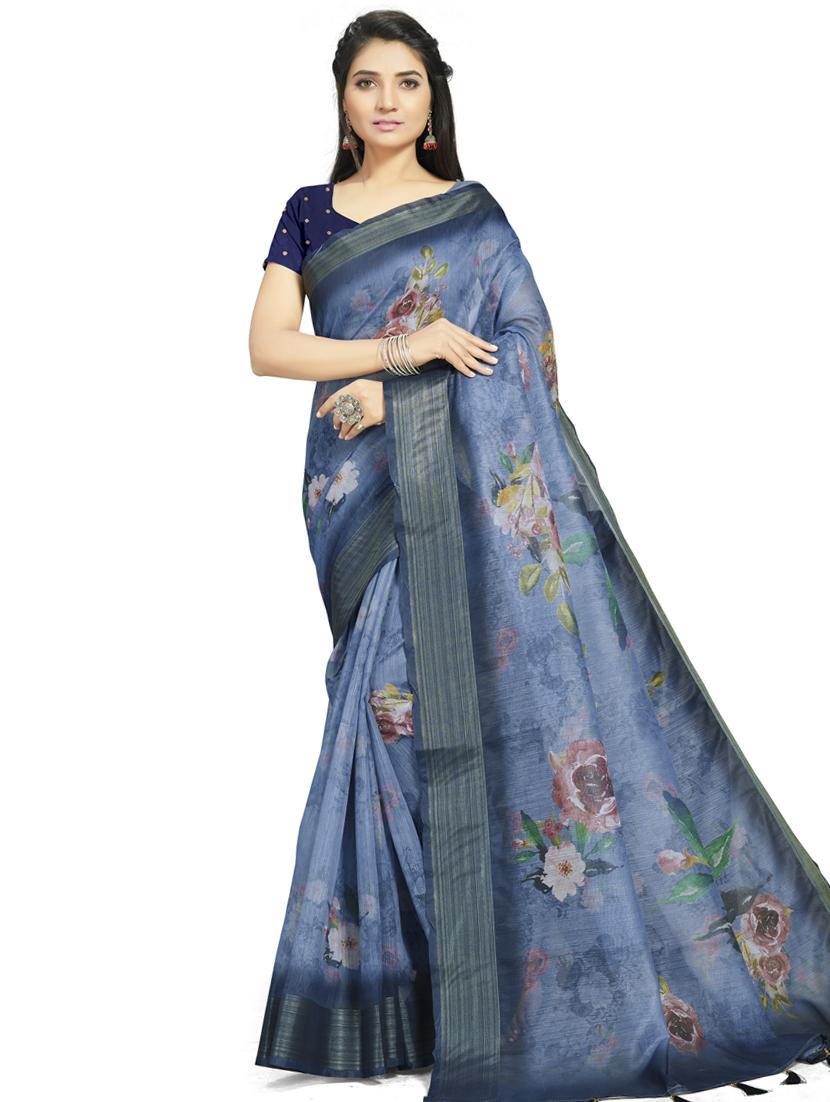 floral plain saree with blouse - 17536207 - Zoom Image - 1