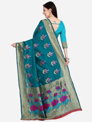 teal banarasi saree with blouse - 17537649 - Standard Image - 2