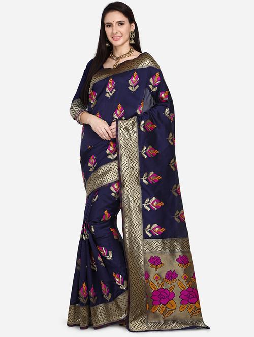 navy art silk banarasi saree with blouse - 17537650 - Standard Image - 1