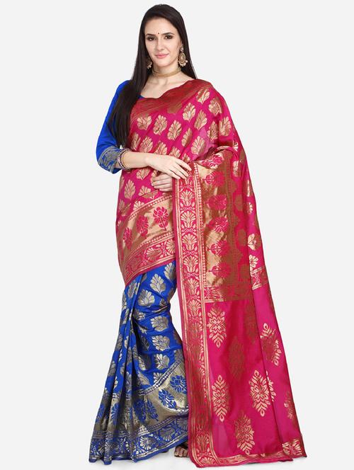 magenta half & half banarasi saree with blouse - 17537653 - Standard Image - 1