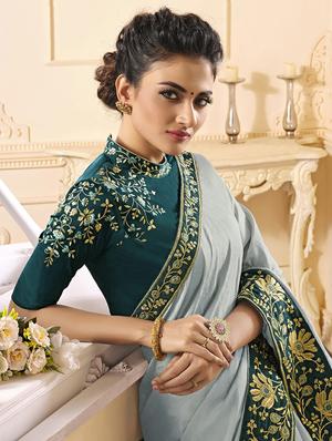 light blue embroidered pre-stitched saree - 17537712 - Standard Image - 2