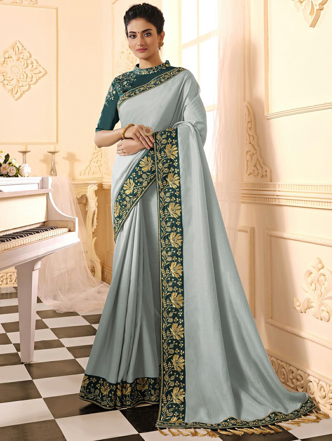 light blue embroidered pre-stitched saree - 17537712 - Zoom Image - 1
