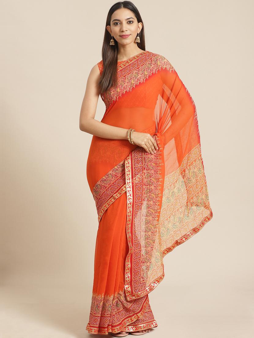 solid printed saree with blouse - 17539166 - Zoom Image - 1