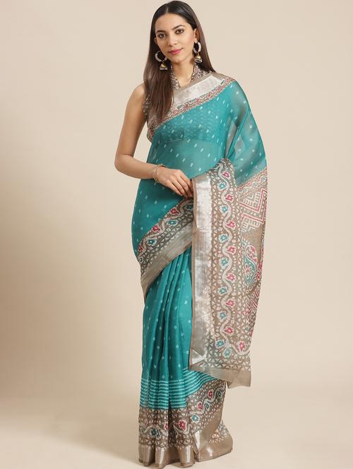 turquoise printed saree with blouse - 17539184 - Standard Image - 1