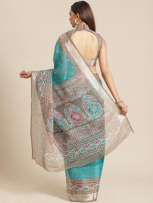 turquoise printed saree with blouse - 17539184 - Standard Image - 2