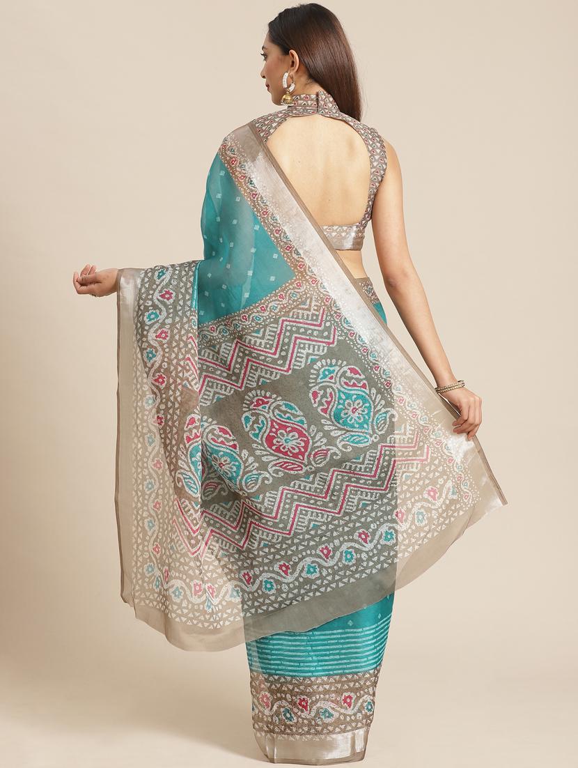 turquoise printed saree with blouse - 17539184 - Zoom Image - 2