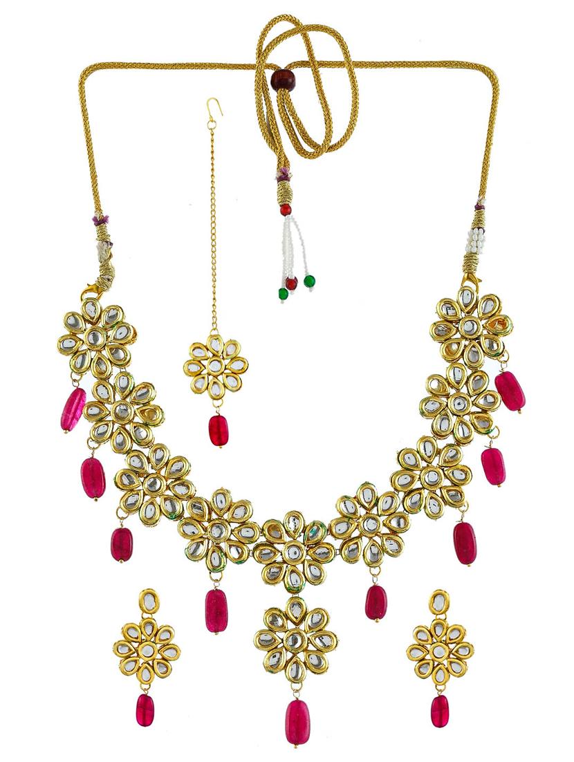 traditional pink jadau kundan bridal jewellery set - 17540184 - Zoom Image - 2